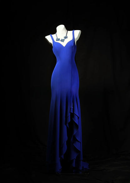 Vintage 70s Prom Dresses Mermaid Sweetheart Royal Blue Chiffon With Ruffled Evening Dress Formal Outfits RB5884