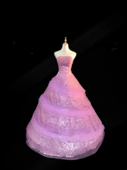 Princess Ball Gown Strapless Lilac Lace Sleeveless With Appliqued Long Quinceanera Dress vestido de 15 de cenicienta RB3473