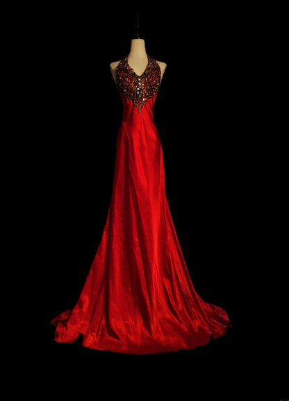 Modest A line Halter Red Satin With Beading Long Evening Dresses Inspo Senior Night Dance Prom Dress AS077