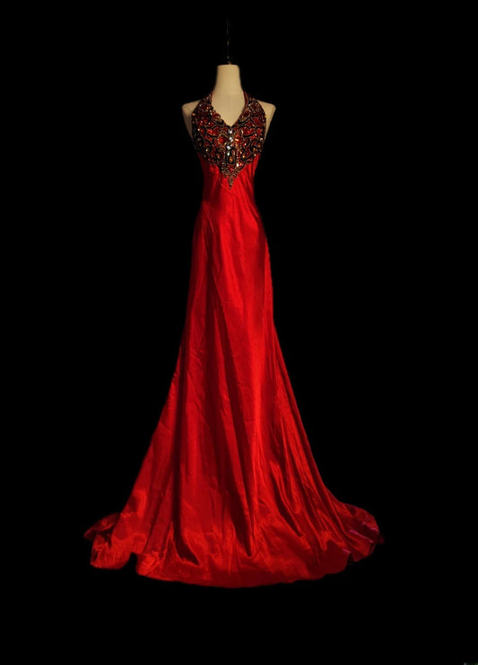 Modest A line Halter Red Satin With Beading Long Evening Dresses Inspo Senior Night Dance Prom Dress AS077