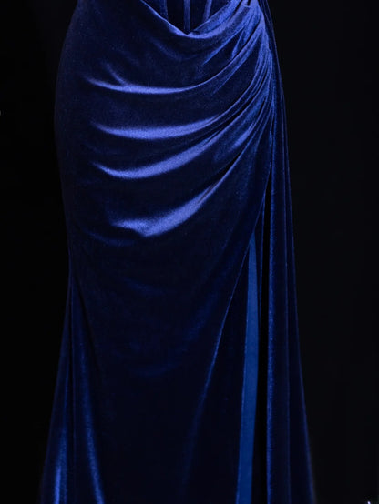 Classy Formal Mermaid Off The Shoulder Royal Blue Velvet With Beads Style Impress Long Prom Dresses Party Gowns SA077