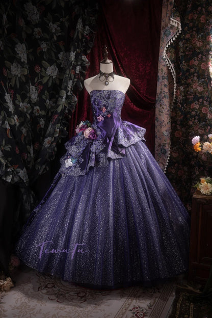 Elegant Ball Gown Strapless Purple Satin With Ruffled Tiered Long Quince Dress Quinceanera Dresses Formal Birthday Outfits RB8096