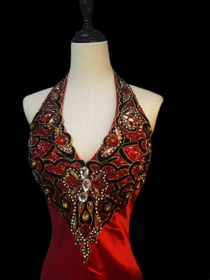 Modest A line Halter Red Satin With Beading Long Evening Dresses Inspo Senior Night Dance Prom Dress AS077
