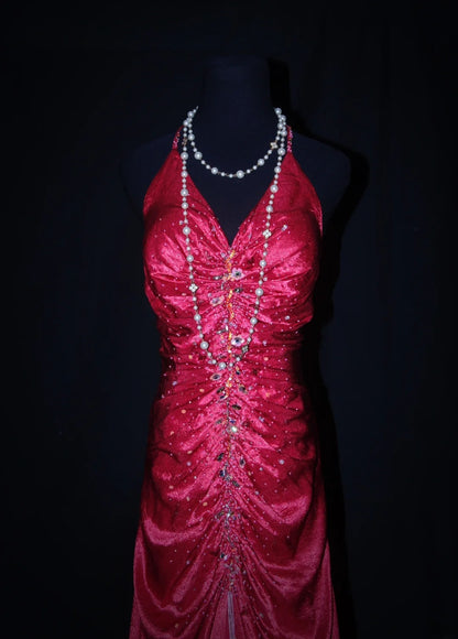Charming Mermaid Halter Hot Pink Satin Sleeveless Long Prom Dresses Party Formal Gowns AS077