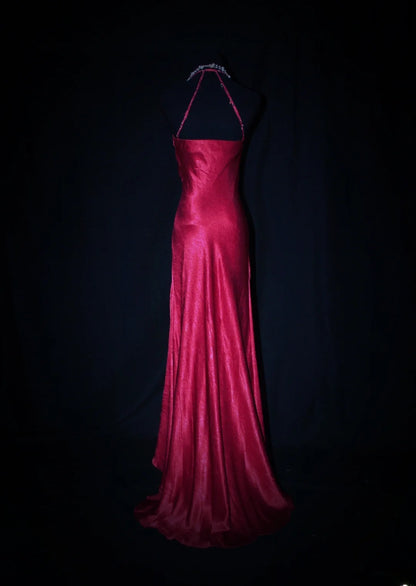 Charming Mermaid Halter Hot Pink Satin Sleeveless Long Prom Dresses Party Formal Gowns AS077