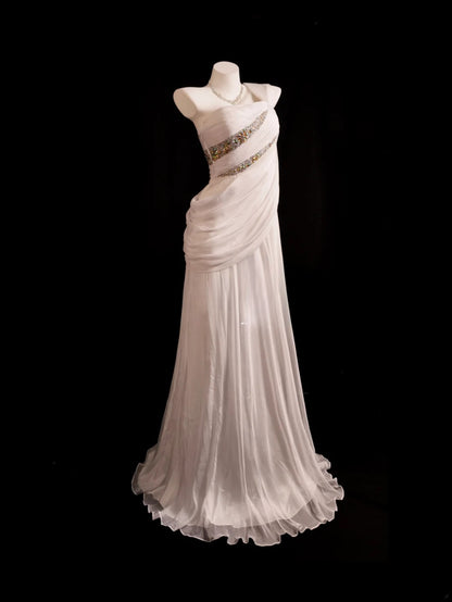 White Prom Dress Mermaid One Shoulder Chiffon With Beading Modest Formal Party Gown RB9879