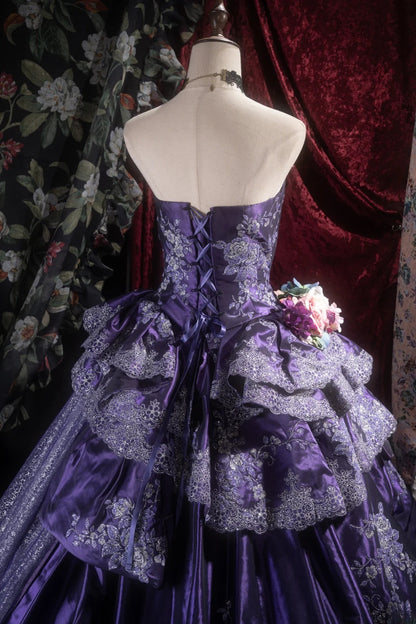 Elegant Ball Gown Strapless Purple Satin With Ruffled Tiered Long Quince Dress Quinceanera Dresses Formal Birthday Outfits RB8096