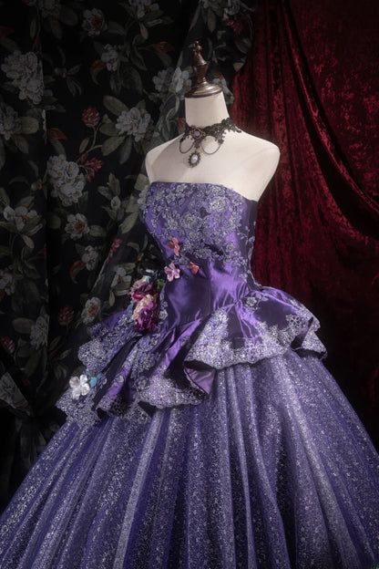 Elegant Ball Gown Strapless Purple Satin With Ruffled Tiered Long Quince Dress Quinceanera Dresses Formal Birthday Outfits RB8096