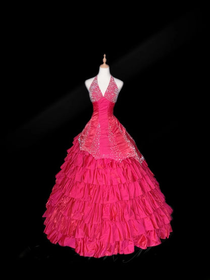 Princess Ball Gown Halter Hot Pink Sleeveless With Silver Beading Long Quinceanera Dress vestido de 15 de cenicienta RB3474