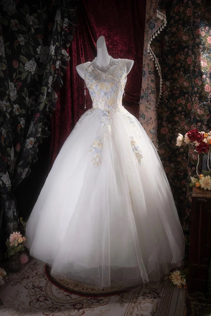 Pretty Ball Gown Scoop White Tulle With Appliqued Long Quince Dress Quinceanera Dresses Formal Birthday Outfits RB8097
