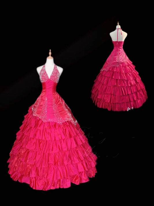 Princess Ball Gown Halter Hot Pink Sleeveless With Silver Beading Long Quinceanera Dress vestido de 15 de cenicienta RB3474