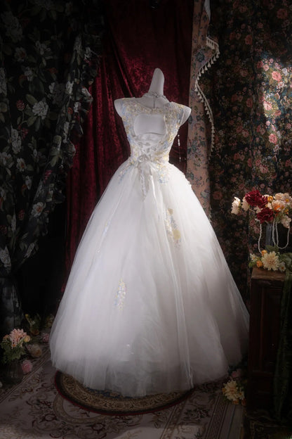 Pretty Ball Gown Scoop White Tulle With Appliqued Long Quince Dress Quinceanera Dresses Formal Birthday Outfits RB8097