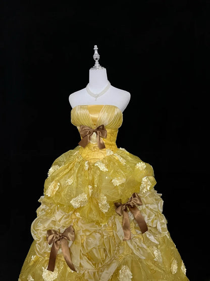 Beautiful Ball Gown Strapless Yellow Organza Long Quince Dress Voluminous Sweet 16 Sweet Sixteen Outfits Vestido de 15 RB7449