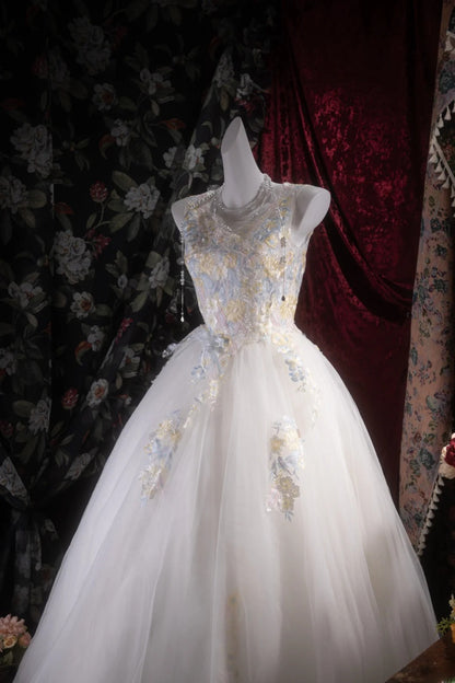 Pretty Ball Gown Scoop White Tulle With Appliqued Long Quince Dress Quinceanera Dresses Formal Birthday Outfits RB8097