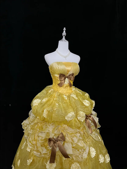 Beautiful Ball Gown Strapless Yellow Organza Long Quince Dress Voluminous Sweet 16 Sweet Sixteen Outfits Vestido de 15 RB7449