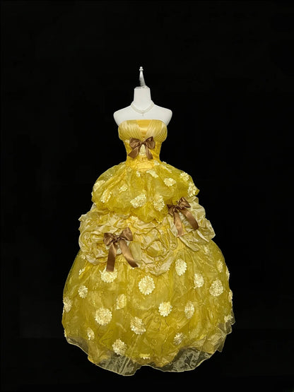 Beautiful Ball Gown Strapless Yellow Organza Long Quince Dress Voluminous Sweet 16 Sweet Sixteen Outfits Vestido de 15 RB7449