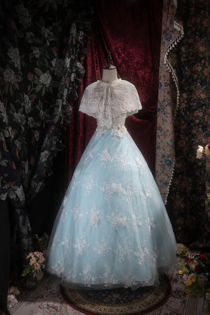 Pretty Ball Gown Scoop Light Sky Blue Tulle With Appliqued Long Quince Dress Quinceanera Dresses Formal Birthday Outfits RB8098