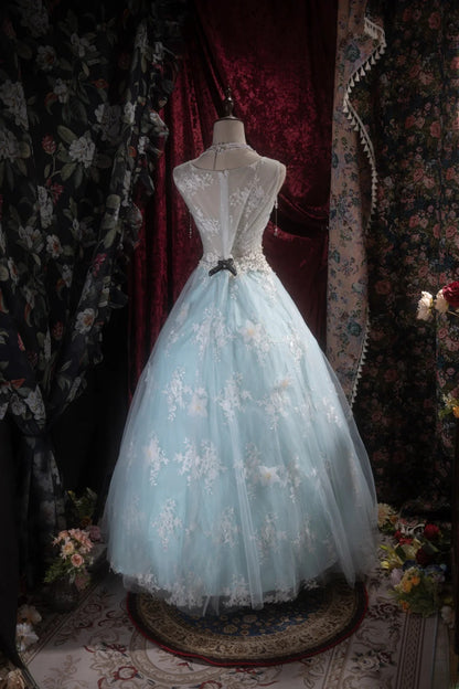 Pretty Ball Gown Scoop Light Sky Blue Tulle With Appliqued Long Quince Dress Quinceanera Dresses Formal Birthday Outfits RB8098