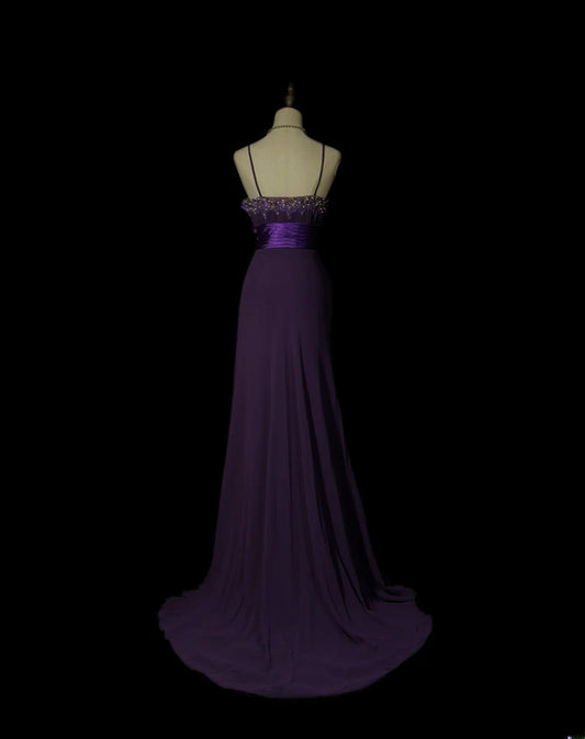 Vintage 70s Prom Dresses Mermaid Spaghetti Strap Purple Chiffon With Beaded Evening Dress Formal Outfits RB5886