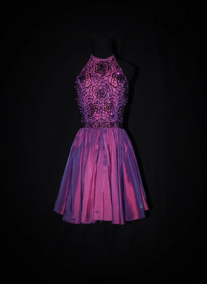 Cute Ball Gown Halter Grape Taffeta With Beads Short 18th Birthday Dress Homecoming Dresses Cocktail Gown AS079