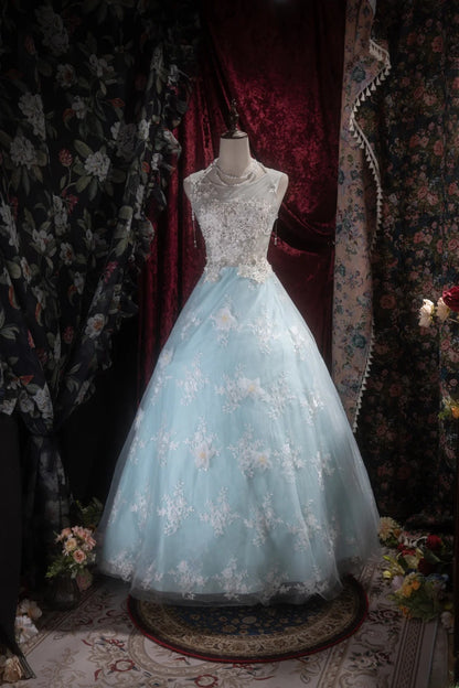 Pretty Ball Gown Scoop Light Sky Blue Tulle With Appliqued Long Quince Dress Quinceanera Dresses Formal Birthday Outfits RB8098