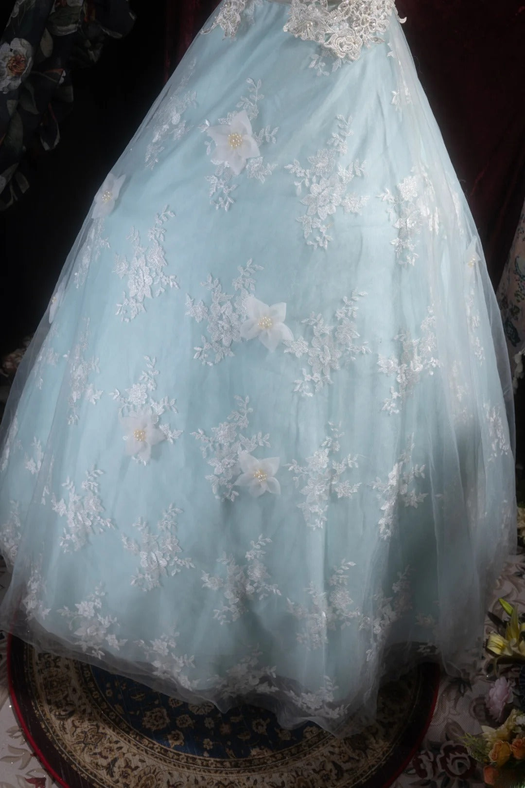 Pretty Ball Gown Scoop Light Sky Blue Tulle With Appliqued Long Quince Dress Quinceanera Dresses Formal Birthday Outfits RB8098
