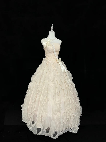 Beautiful Ball Gown One Shoulder Champagne Chiffon Long Quince Dress Voluminous Sweet 16 Sweet Sixteen Outfits Vestido de 15 RB7450