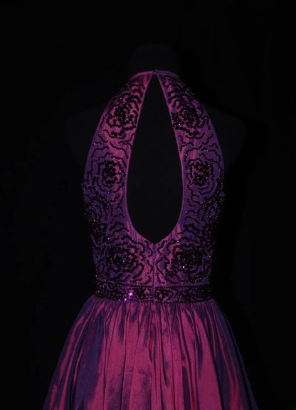 Cute Ball Gown Halter Grape Taffeta With Beads Short 18th Birthday Dress Homecoming Dresses Cocktail Gown AS079