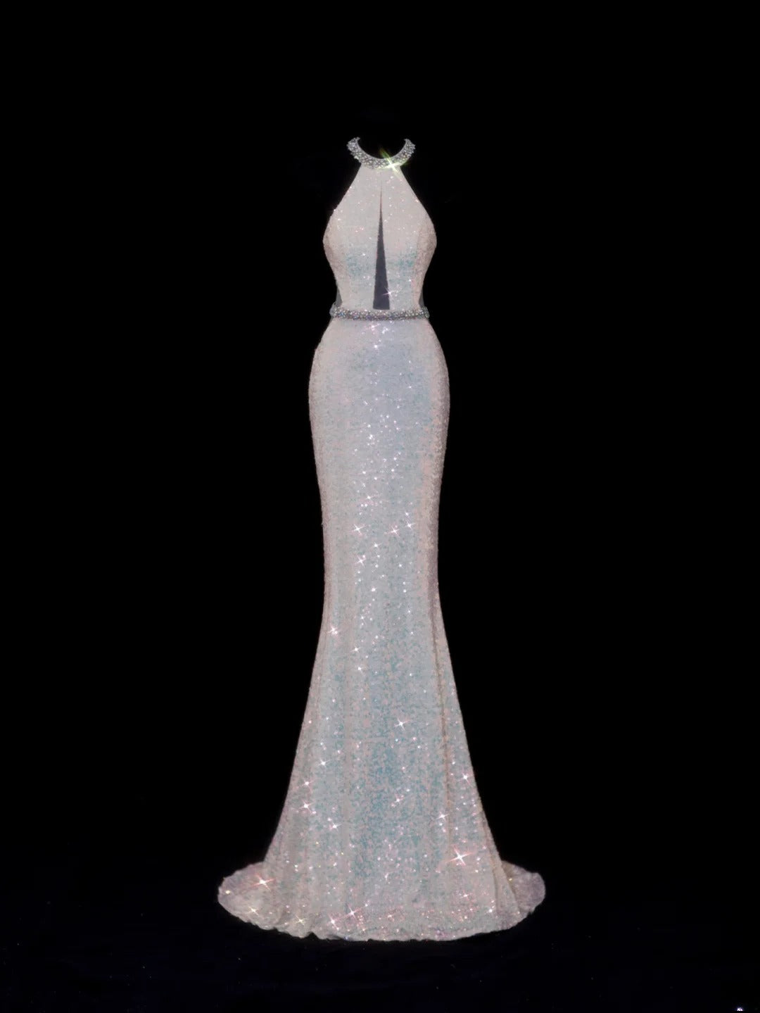 Classy Mermaid 1950s Formal High Neck White Sequins Style Impress Backless Long Prom Dresses Party Gowns SA079