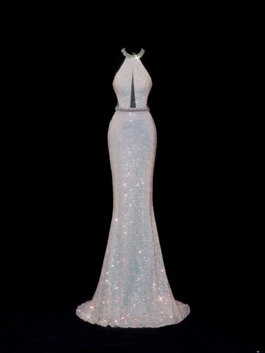 Classy Mermaid 1950s Formal High Neck White Sequins Style Impress Backless Long Prom Dresses Party Gowns SA079