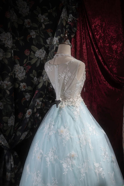 Pretty Ball Gown Scoop Light Sky Blue Tulle With Appliqued Long Quince Dress Quinceanera Dresses Formal Birthday Outfits RB8098