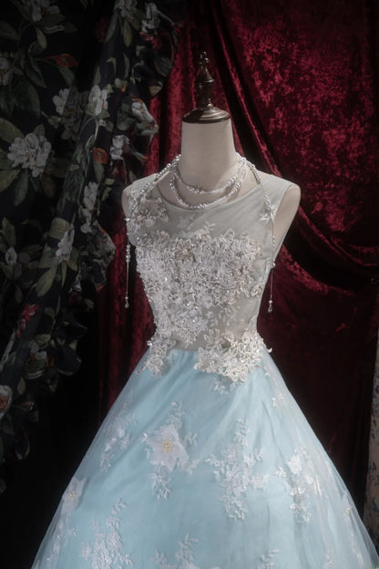 Pretty Ball Gown Scoop Light Sky Blue Tulle With Appliqued Long Quince Dress Quinceanera Dresses Formal Birthday Outfits RB8098