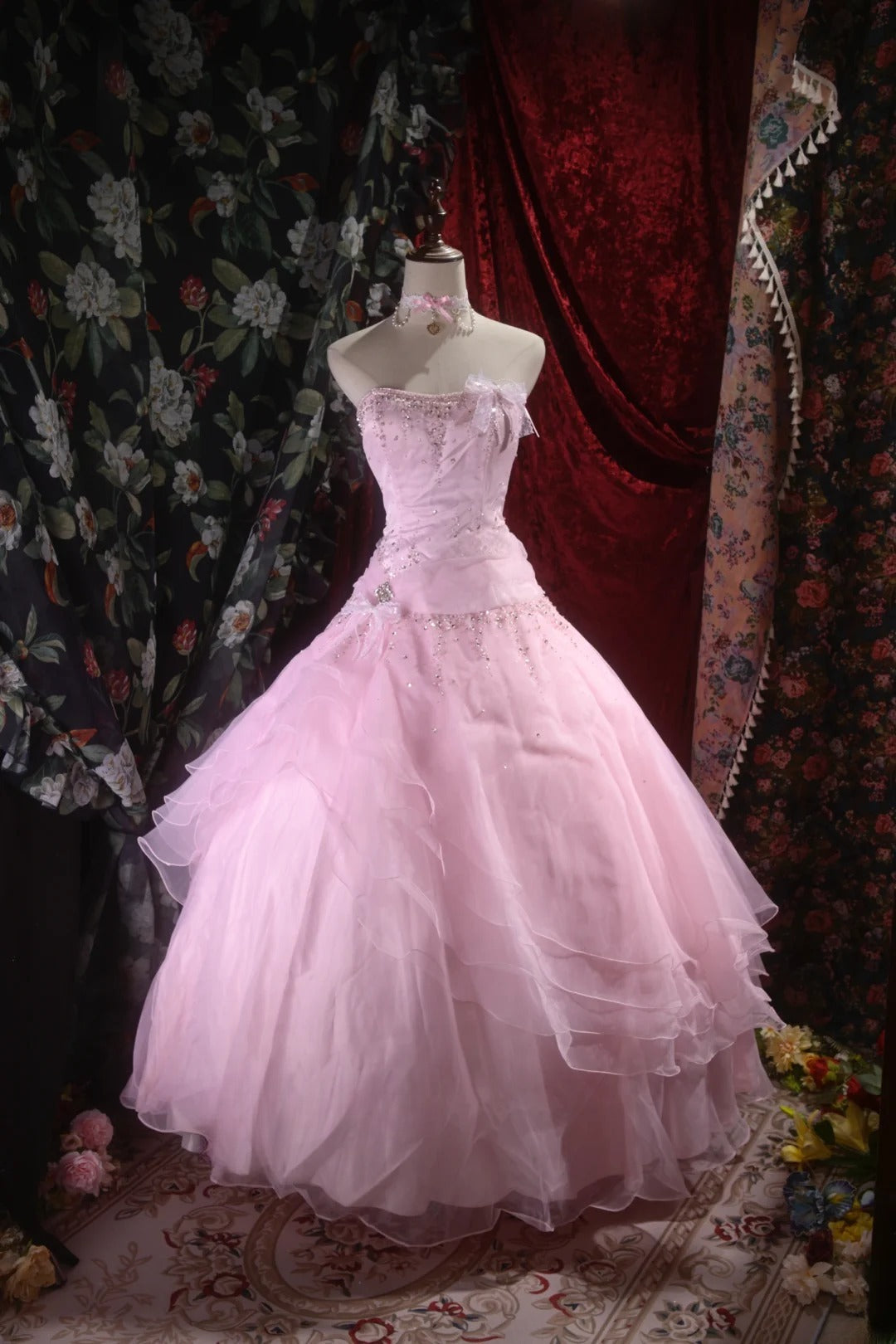 Pretty Ball Gown Strapless Pink Tulle With Silver Beading Long Quince Dress Quinceanera Dresses Formal Birthday Outfits RB8099