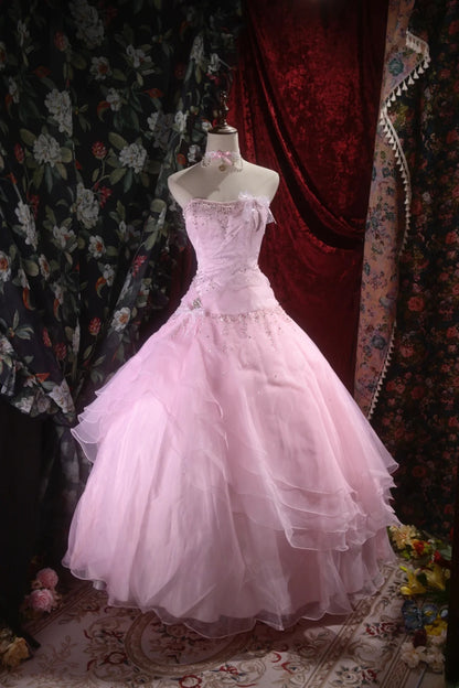 Pretty Ball Gown Strapless Pink Tulle With Silver Beading Long Quince Dress Quinceanera Dresses Formal Birthday Outfits RB8099