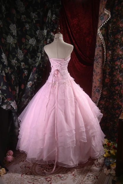Pretty Ball Gown Strapless Pink Tulle With Silver Beading Long Quince Dress Quinceanera Dresses Formal Birthday Outfits RB8099