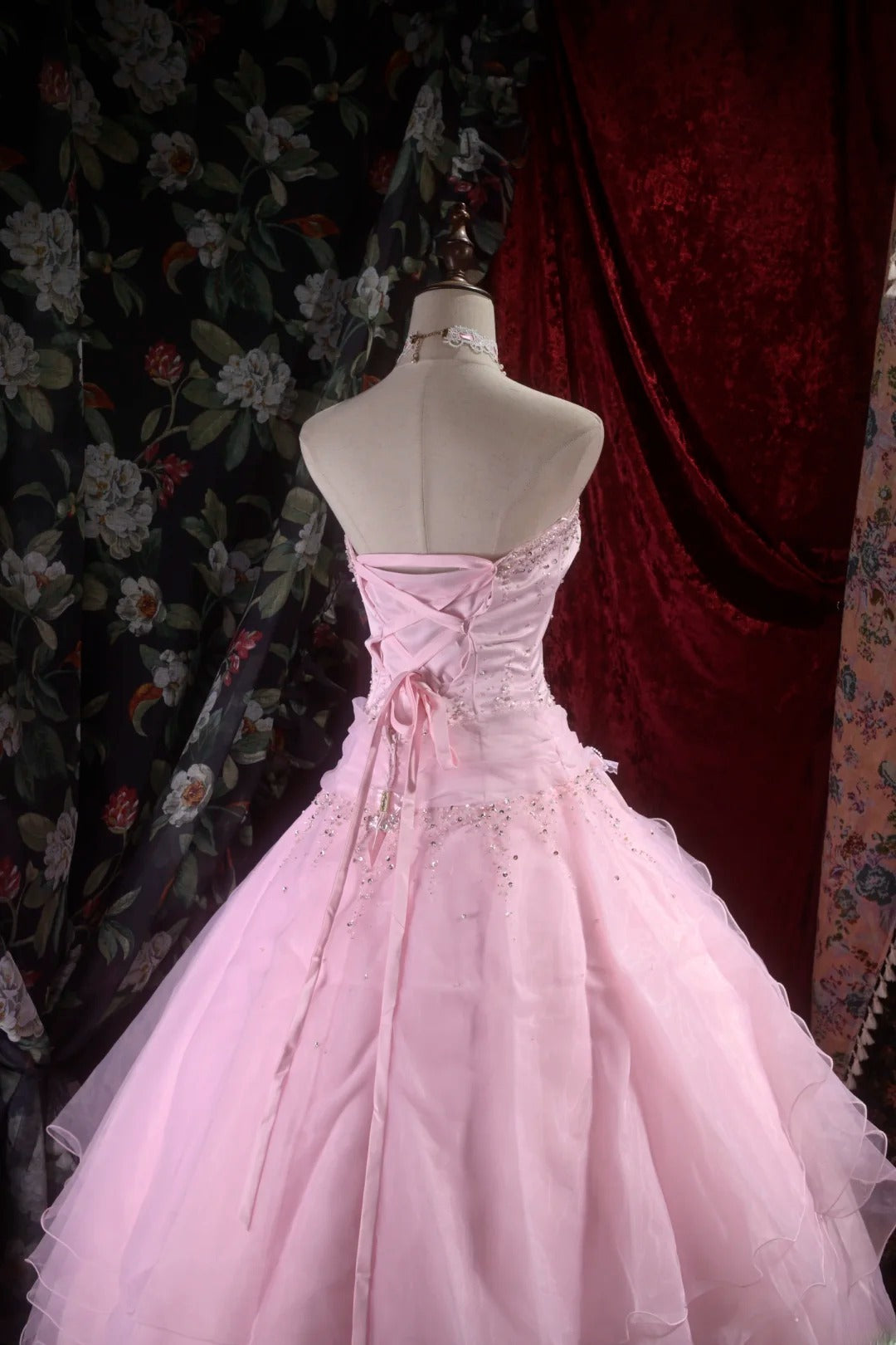 Pretty Ball Gown Strapless Pink Tulle With Silver Beading Long Quince Dress Quinceanera Dresses Formal Birthday Outfits RB8099