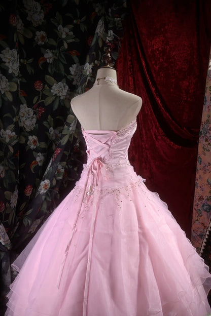 Pretty Ball Gown Strapless Pink Tulle With Silver Beading Long Quince Dress Quinceanera Dresses Formal Birthday Outfits RB8099