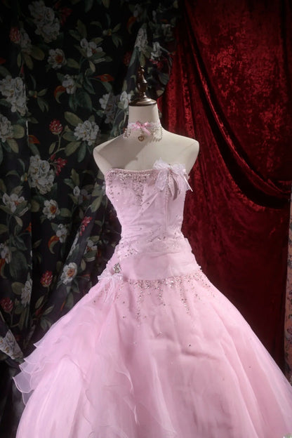 Pretty Ball Gown Strapless Pink Tulle With Silver Beading Long Quince Dress Quinceanera Dresses Formal Birthday Outfits RB8099