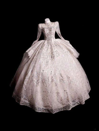 Princess Wedding Dress Ball Gown High Neck White Sequined With Long Sleeves Bridal Gown for Big Day RB9882