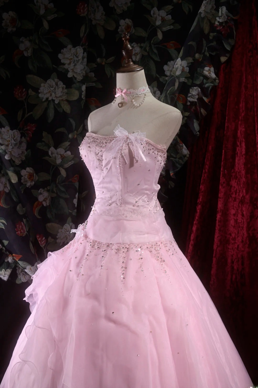 Pretty Ball Gown Strapless Pink Tulle With Silver Beading Long Quince Dress Quinceanera Dresses Formal Birthday Outfits RB8099