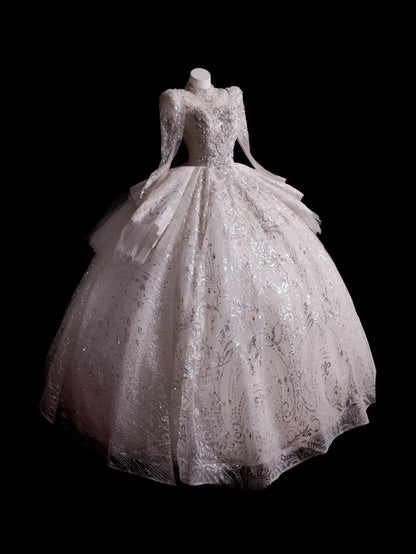 Princess Wedding Dress Ball Gown High Neck White Sequined With Long Sleeves Bridal Gown for Big Day RB9882