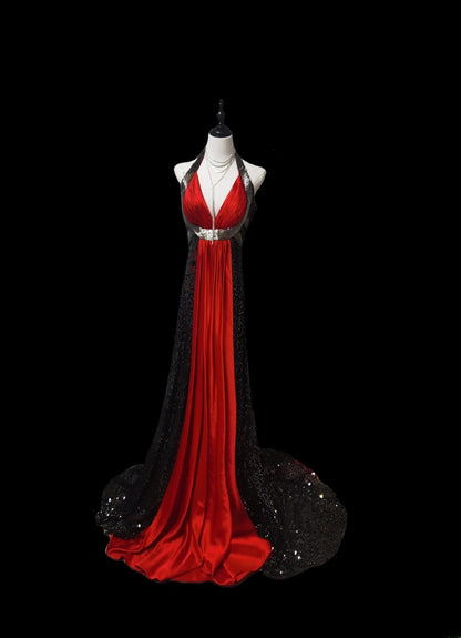 Modest A line Halter Red Black Sleeveless Long Evening Dresses Inspo Senior Night Dance Prom Dress AS081