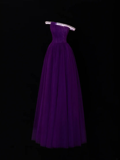 Classy A Line 1950s Formal One Shoulder Purple Tulle With Beads Pleated Style Impress Long Prom Dresses Party Gowns SA081