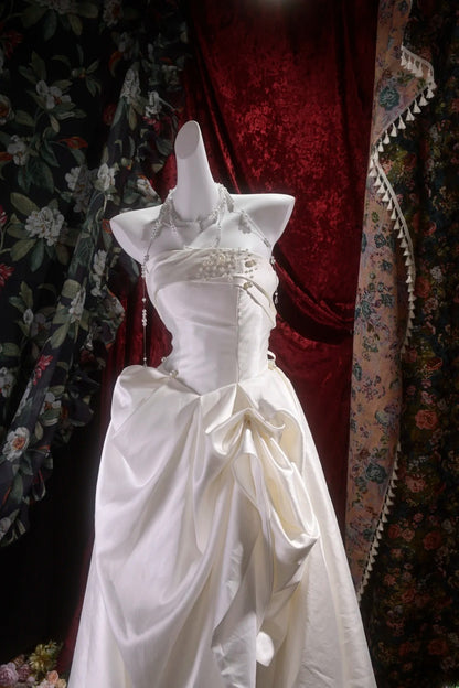 Vintage Ball Gown Strapless White Satin With Pearls Long Autumn Brides Gown Bridal Dress Wedding Dresses RB8100