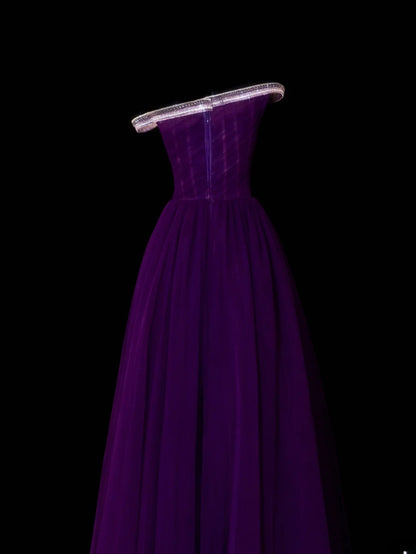 Classy A Line 1950s Formal One Shoulder Purple Tulle With Beads Pleated Style Impress Long Prom Dresses Party Gowns SA081