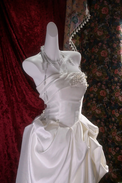 Vintage Ball Gown Strapless White Satin With Pearls Long Autumn Brides Gown Bridal Dress Wedding Dresses RB8100