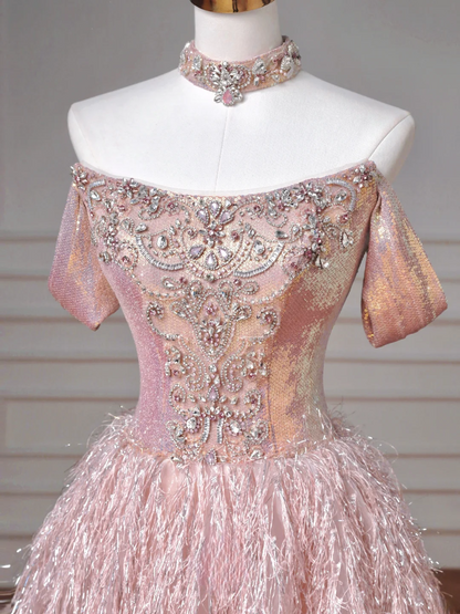 Fairy-tale Ball Gown Strapless Pink Tulle With Gems Long Formal Fancy Beaded Prom Evening Dress Dinner Outfits Party Gowns AQ082