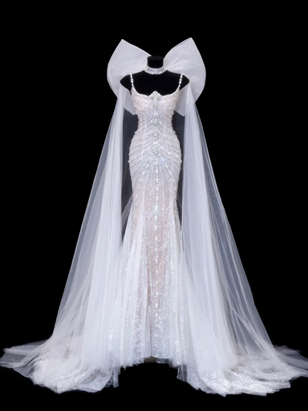 Timeless Wedding Gowns Dresses Romantic Mermaid Spaghetti Strap for Bride Tulle With Silver Beadings White Petite/Plus Size Bridal Gown For Women SA082