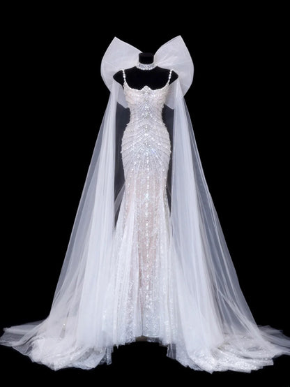 Timeless Wedding Gowns Dresses Romantic Mermaid Spaghetti Strap for Bride Tulle With Silver Beadings White Petite/Plus Size Bridal Gown For Women SA082