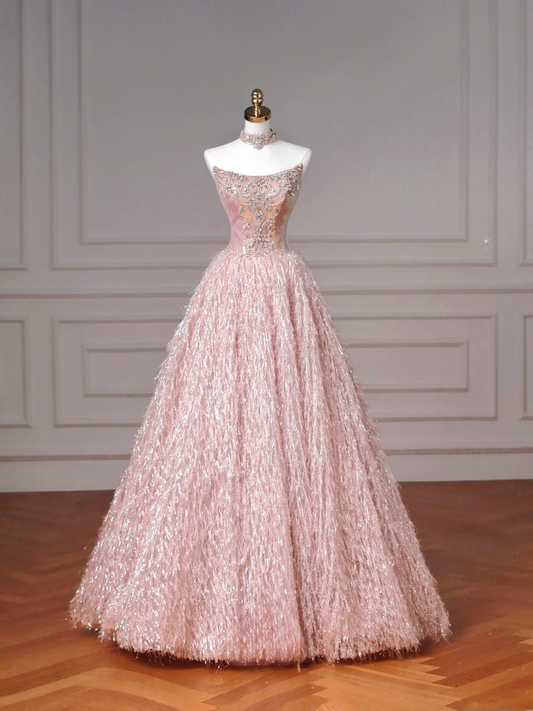 Fairy-tale Ball Gown Strapless Pink Tulle With Gems Long Formal Fancy Beaded Prom Evening Dress Dinner Outfits Party Gowns AQ082